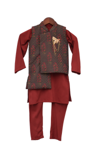 Boys Printed Nehru Jacket With Kurta & Churidar