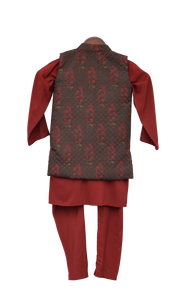 Boys Printed Nehru Jacket With Kurta & Churidar
