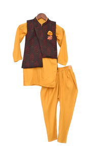 Boys Printed Nehru Jacket With Yellow Kurta & Churidar