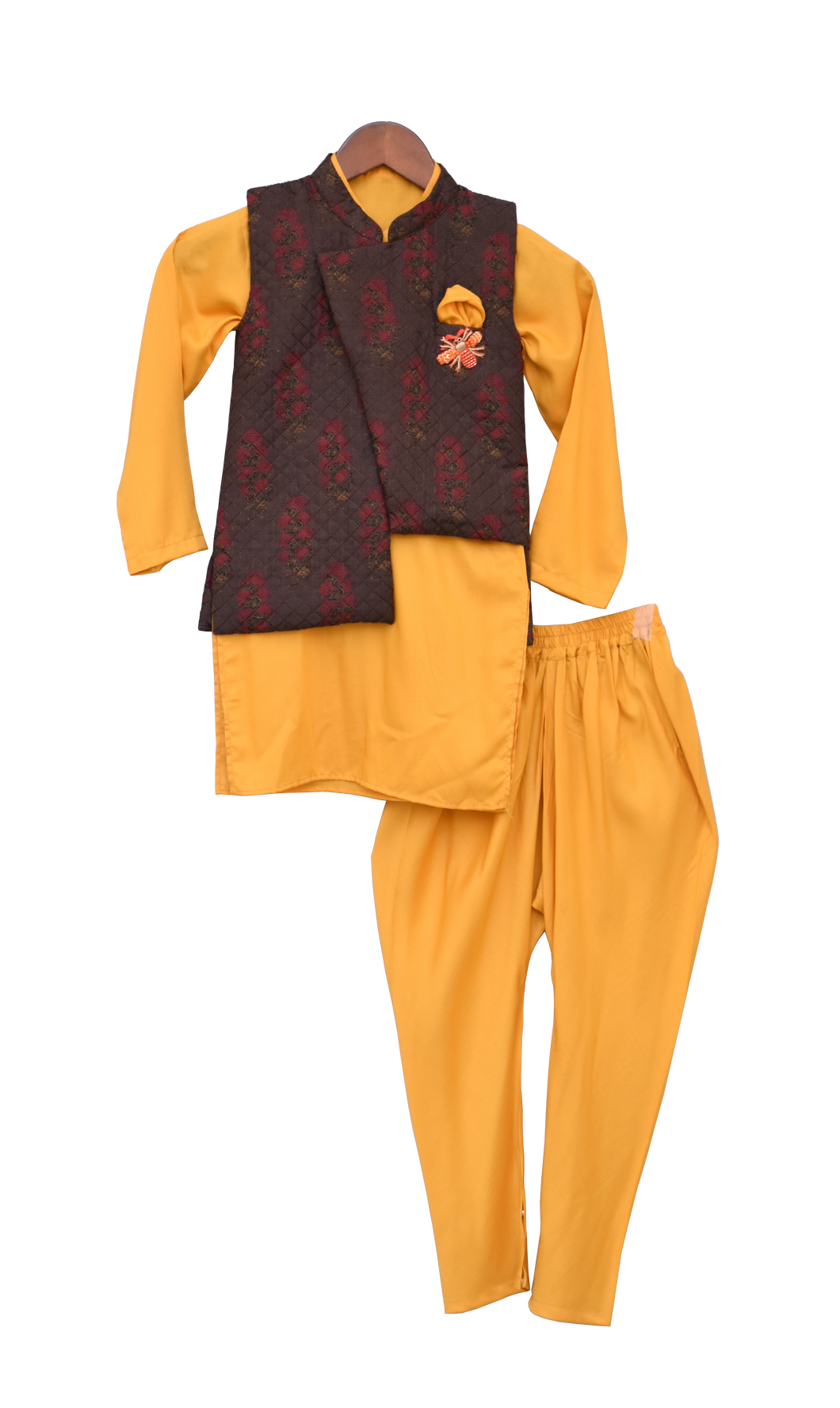 Boys Printed Nehru Jacket With Yellow Kurta & Churidar