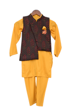 Load image into Gallery viewer, Boys Printed Nehru Jacket With Yellow Kurta &amp; Churidar