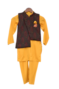 Boys Printed Nehru Jacket With Yellow Kurta & Churidar