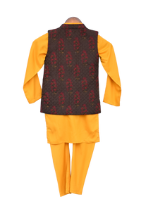 Boys Printed Nehru Jacket With Yellow Kurta & Churidar