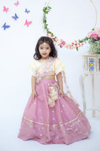 Load image into Gallery viewer, Girls Purple Chanderi Lehenga With Yellow Choli And Pink Dupatta