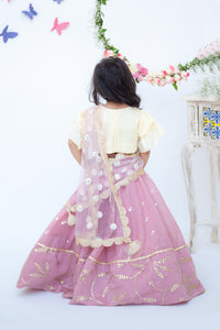 Girls Purple Chanderi Lehenga With Yellow Choli And Pink Dupatta