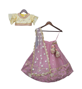 Girls Purple Chanderi Lehenga With Yellow Choli And Pink Dupatta