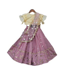 Girls Purple Chanderi Lehenga With Yellow Choli And Pink Dupatta