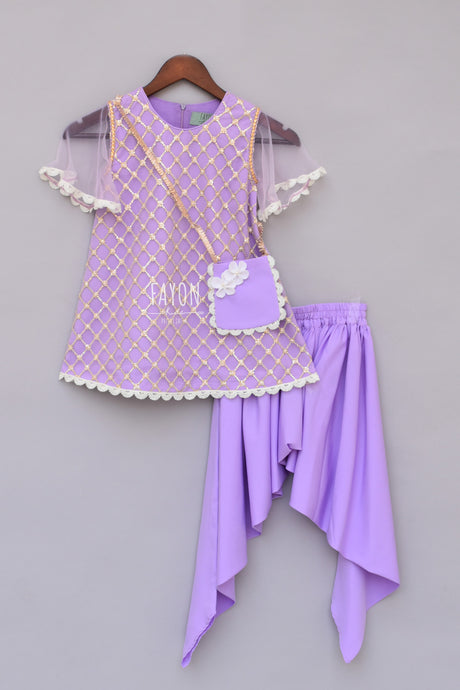 Girls Purple Bottie Net Kurti With Dhoti