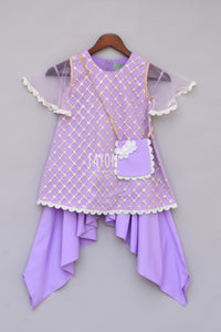 Girls Purple Bottie Net Kurti With Dhoti