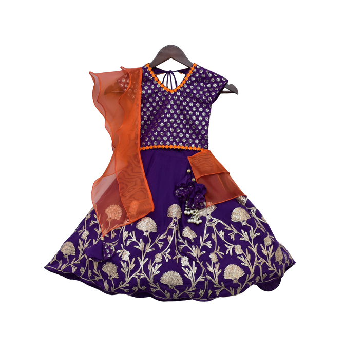 Girls Purple Embroidery Choli With Purple Gota Lehenga