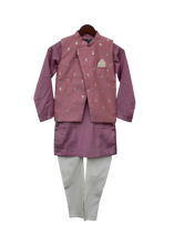 Load image into Gallery viewer, Boys Purple Foil Printed Nehru Jacket With Kurta &amp; Churidar