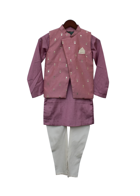Boys Purple Foil Printed Nehru Jacket With Kurta & Churidar