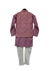 Boys Purple Foil Printed Nehru Jacket With Kurta & Churidar