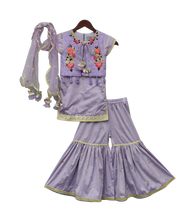 Load image into Gallery viewer, Girls Purple Kurti With Attached Phulkari Jacket &amp; Sharara