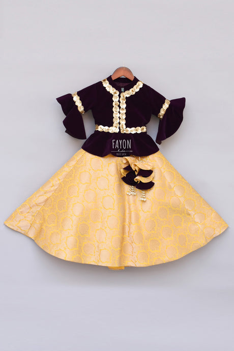 Girls Purple Velvet Peplum Choli With Yellow Brocade Lehenga