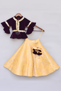 Girls Purple Velvet Peplum Choli With Yellow Brocade Lehenga