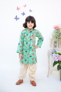 Boys Rama Green Brocade Ajkan With Dhoti