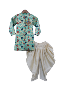 Boys Rama Green Brocade Ajkan With Dhoti