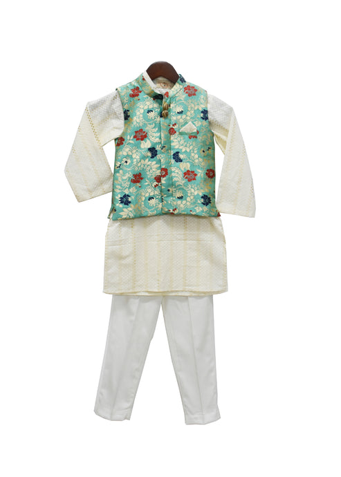 BOYS Rama Green Brocade Jacket With Kurta Pant