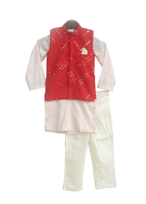 BOYS Red Mirror Work Jacket With Pink Kurta And Pant