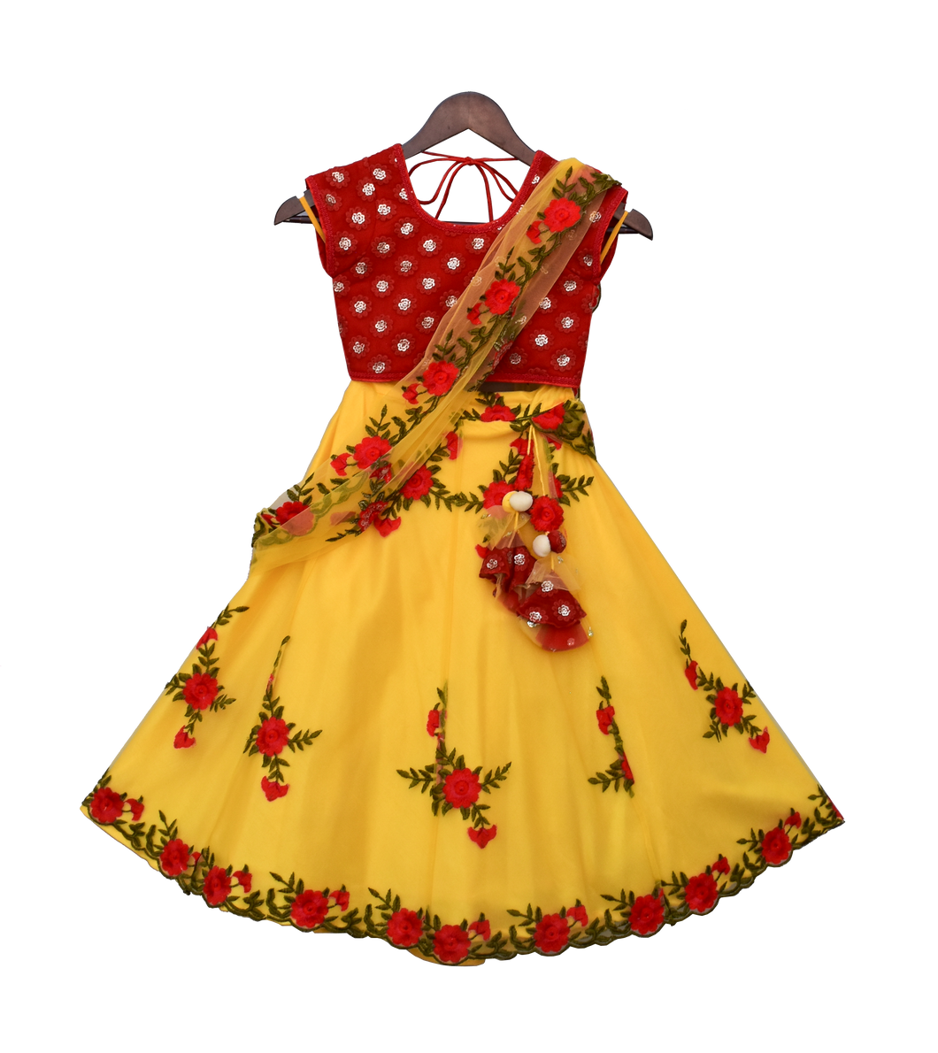 Girls Red Embroidery Choli With Yellow Embroidery Lehenga