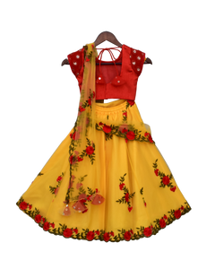Girls Red Embroidery Choli With Yellow Embroidery Lehenga