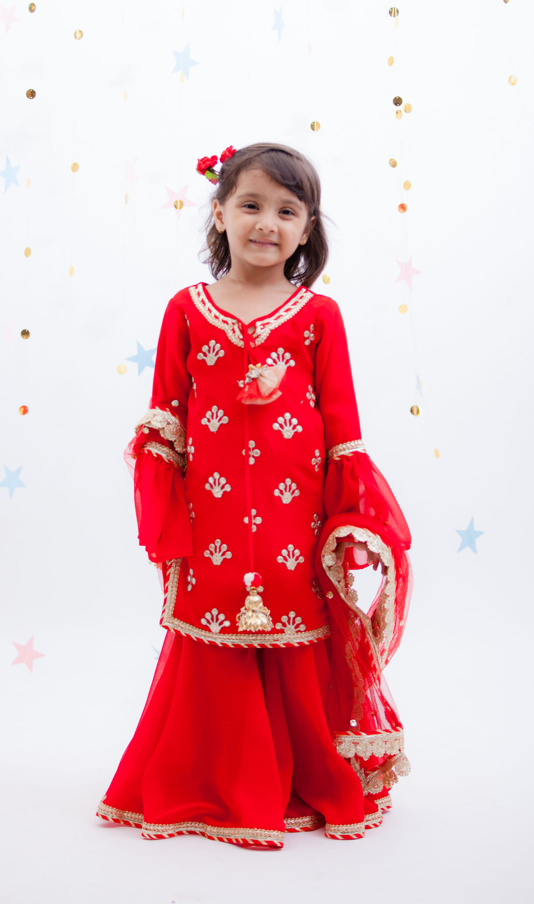 Girls Red Embroidery Kurti With Red Sharara