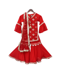 Girls Red Embroidery Kurti With Red Sharara