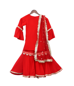 Girls Red Embroidery Kurti With Red Sharara
