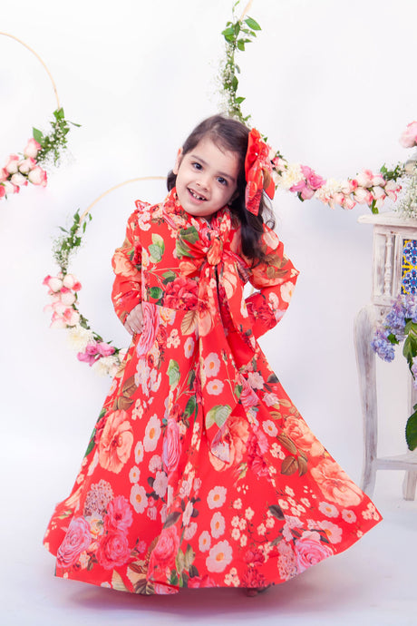 Girls Red Floral Gown