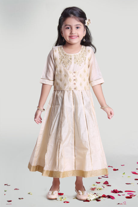 Girls Beige Anarkali Kurta Churidar Set With Jacket