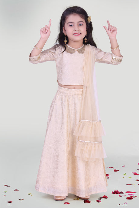 Girls Beige Skirt And Choli Set With Dupatta