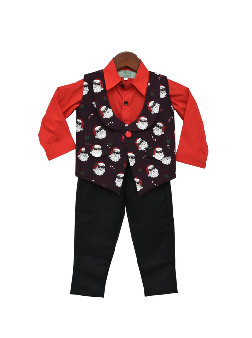 Boys Santa Claus Print Waist Coat With Pant & Shirt