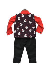 Boys Santa Claus Print Waist Coat With Pant & Shirt