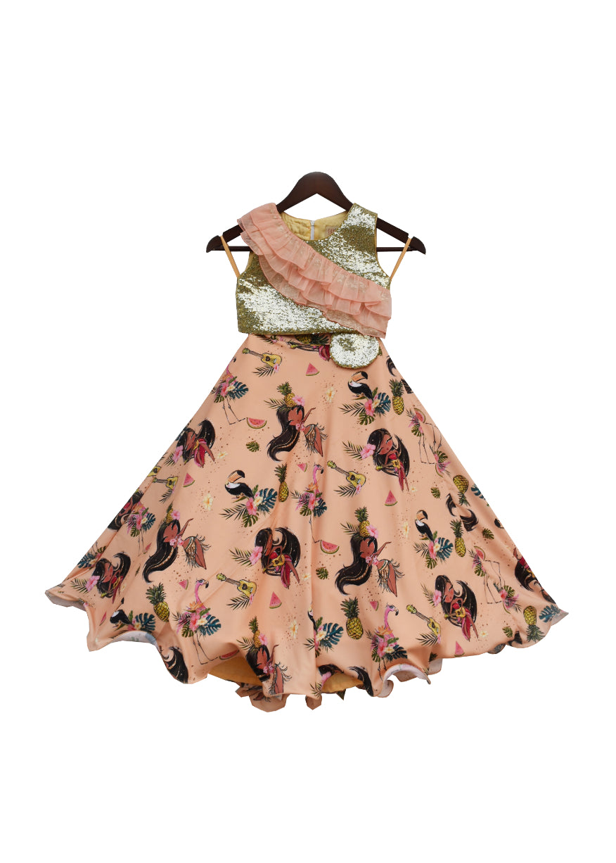 Girls Sequence Choli With Peach Printed Lehenga