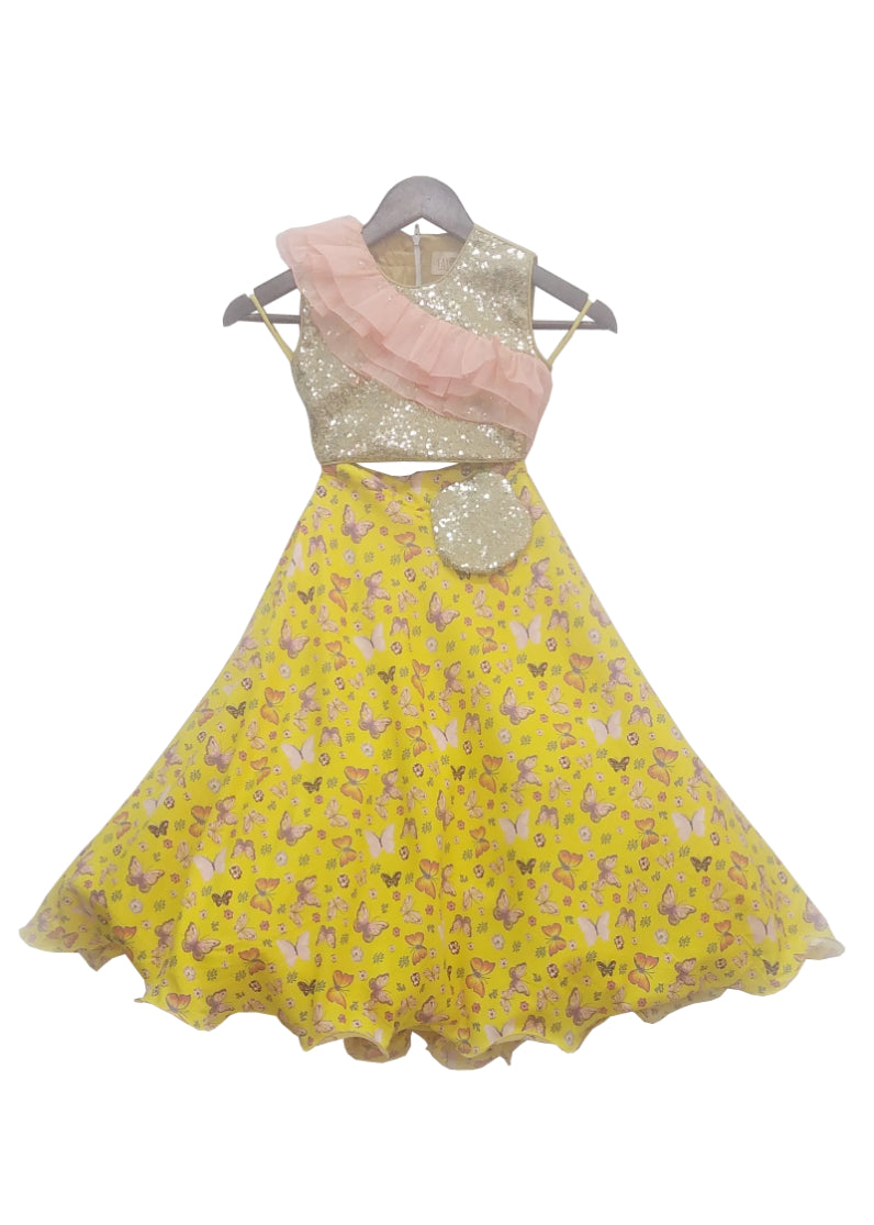 Girls Sequence Choli With Yellow Printed Lehenga