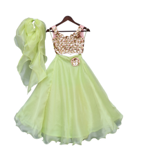 Load image into Gallery viewer, Girls Sequins 3D Flower Choli With Green Organza Lehenga