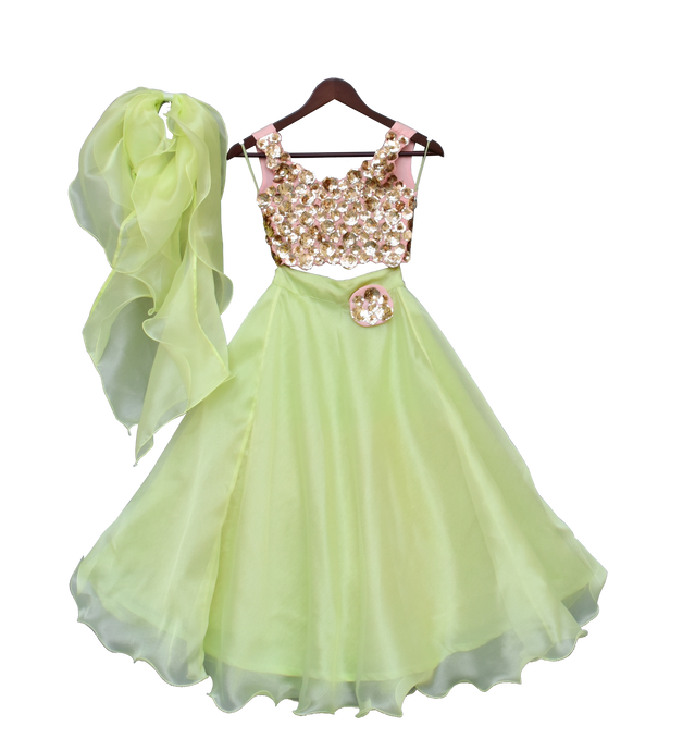 Girls Sequins 3D Flower Choli With Green Organza Lehenga
