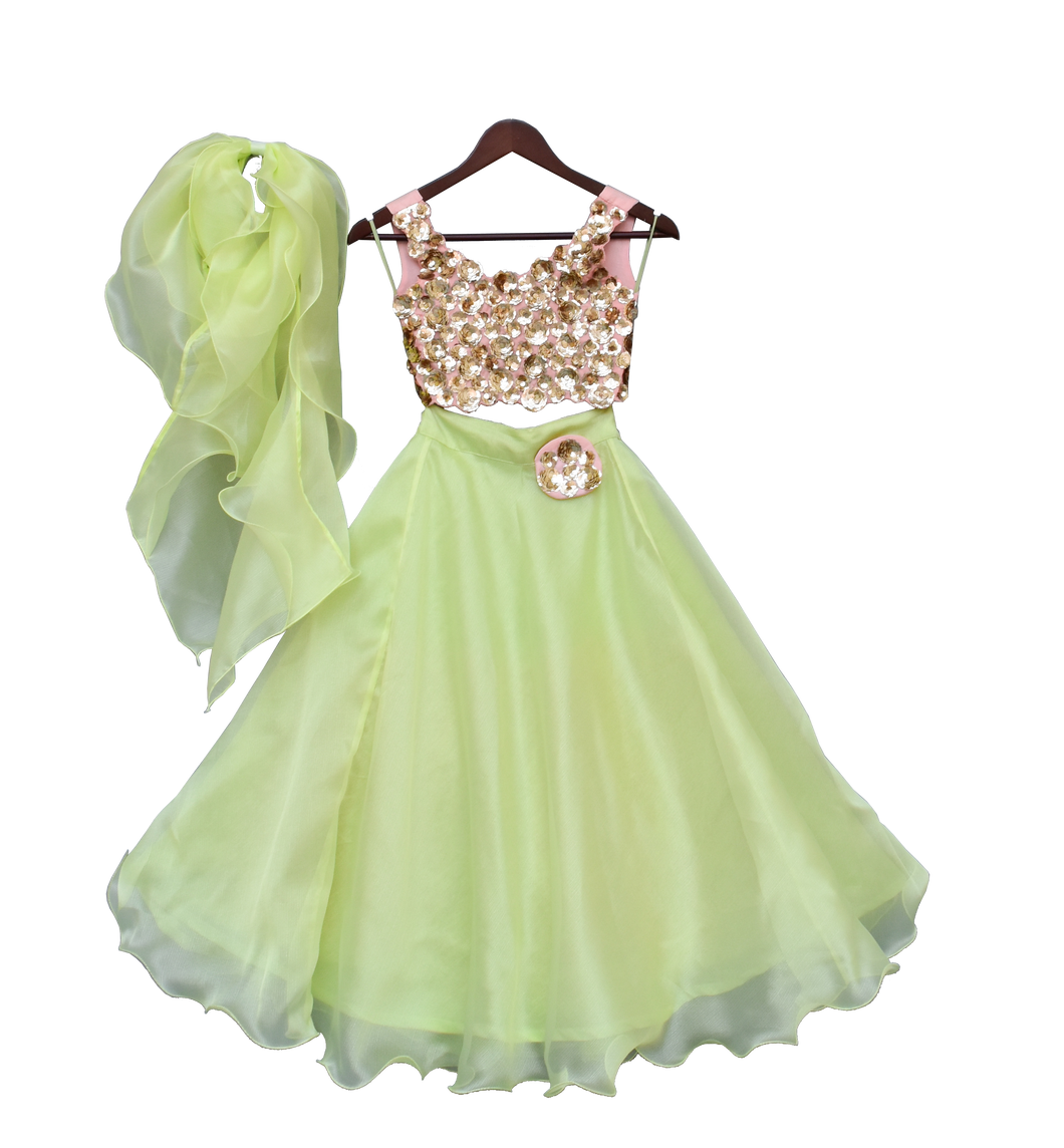 Girls Sequins 3D Flower Choli With Green Organza Lehenga