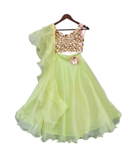 Load image into Gallery viewer, Girls Sequins 3D Flower Choli With Green Organza Lehenga