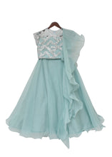 Load image into Gallery viewer, Girls Silver Top With Dusty Blue Organza Lehenga