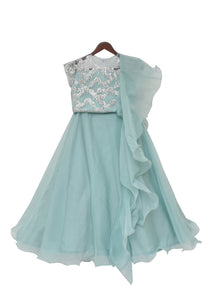 Girls Silver Top With Dusty Blue Organza Lehenga