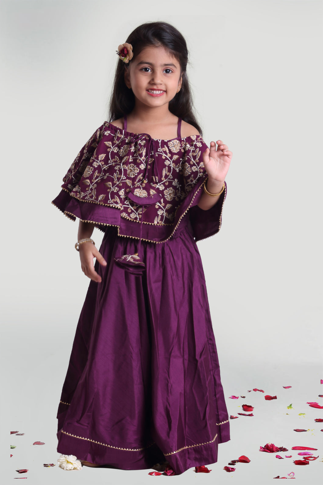 Girls Purple Circular Skirt And Choli Set With cape