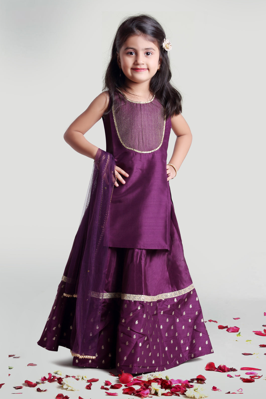 Girls Purple Circular Skirt And Choli Set With Dupatta For Girls