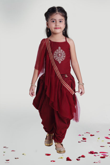 Girls Maroon Silk Cowl With Top And Dupatta For Girls