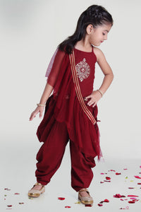 Girls Maroon Silk Cowl With Top And Dupatta For Girls
