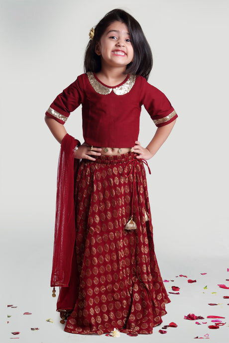 Girls Maroon Circular Skirt And Choli Set With Dupatta For Girls