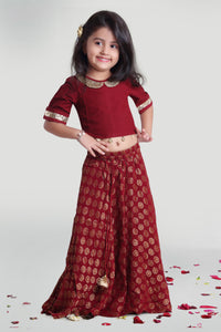 Girls Maroon Circular Skirt And Choli Set With Dupatta For Girls