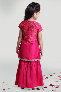 Girls Fuchsia Pink Sharara And Kurta Set With Jacket For Girls