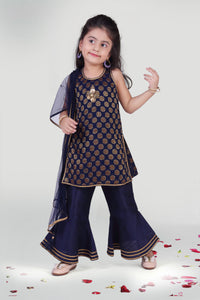 Girls Navy Blue Sharara And Kurta Set With Dupatta For Girls